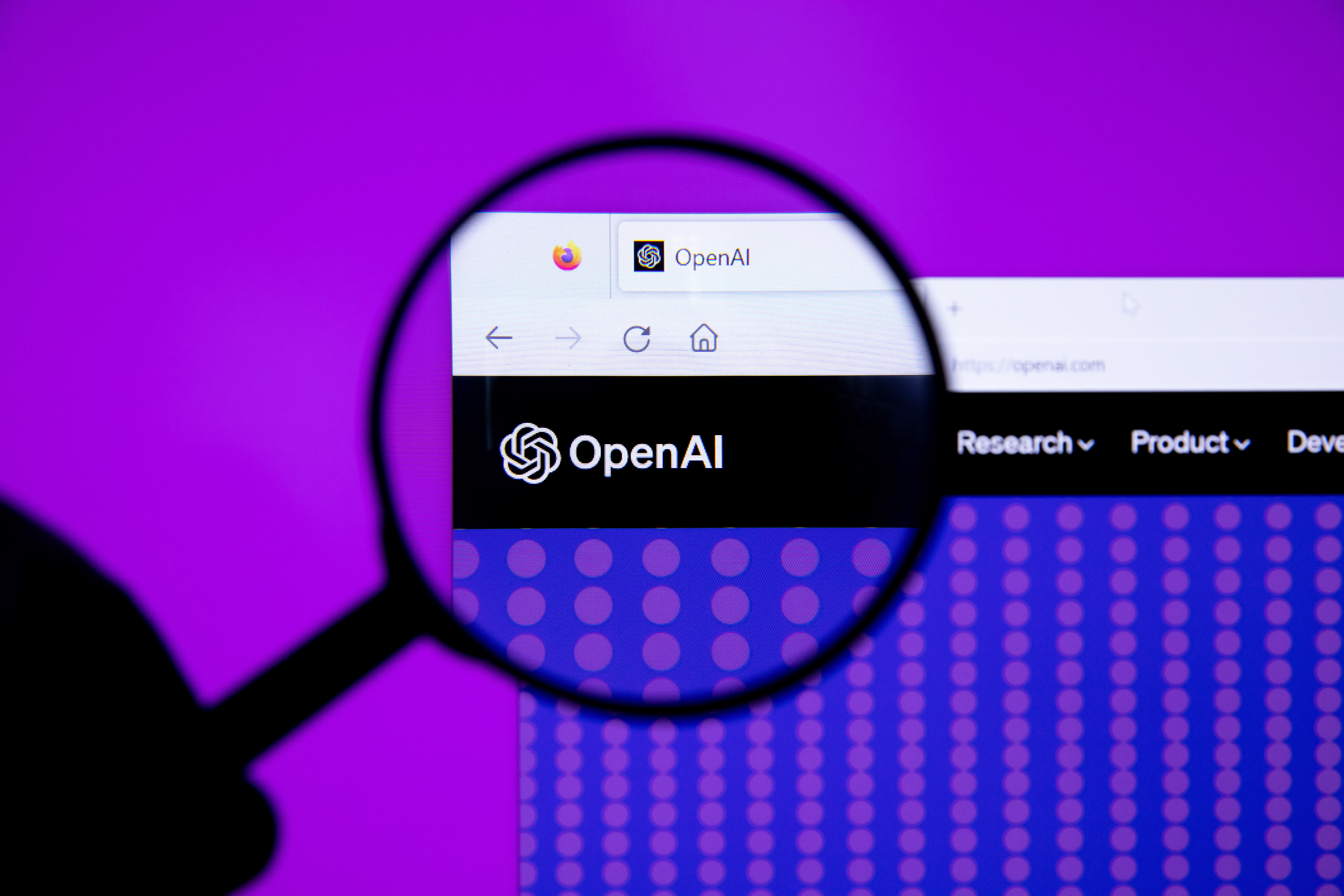 OpenAI logo with magnifying glass (52916339167) by Jernej Furman from Slovenia (BY) via Openverse